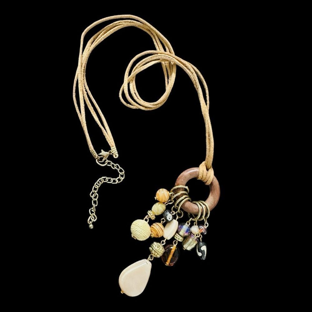 Necklace Natural Elements Glass Stone Metal Beads Wood Pendant Cluster
